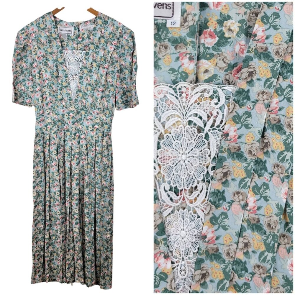Vintage 80s Shirt Dress 10/12 Floral Dress Alt Grunge Rose Midi Pleated Skirt